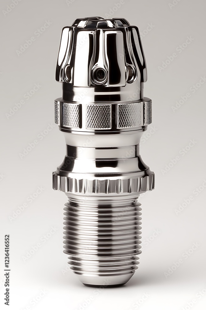 Close-up of a shiny chrome valve connector against a neutral background