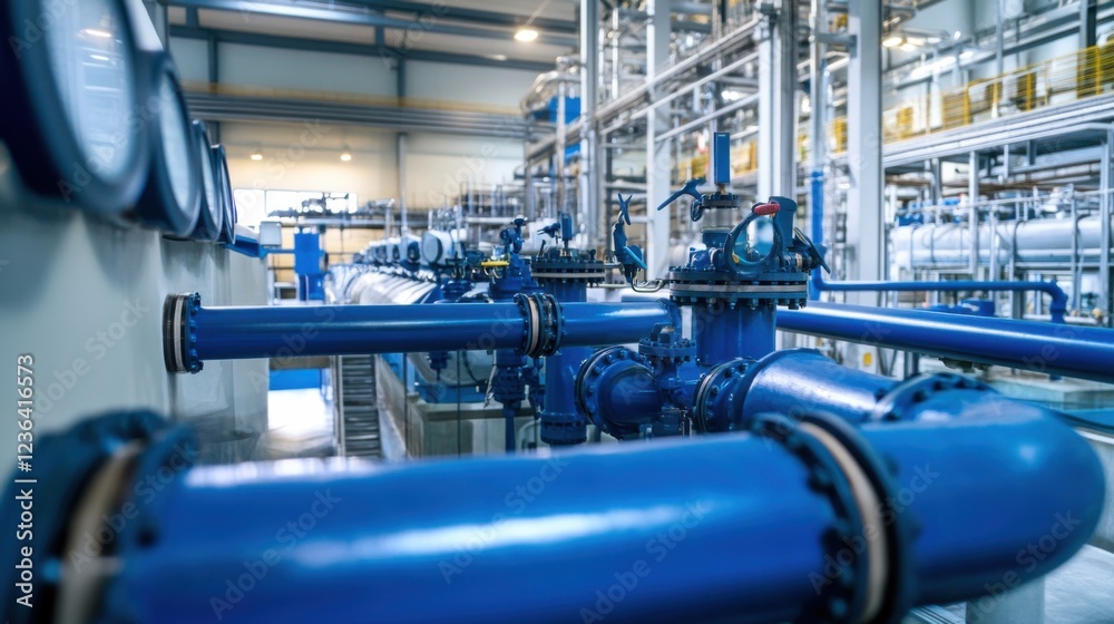 An advanced water treatment facility with engineers monitoring filtration processes and water quality control systems, Water treatment facility scene, Environmental stewardship style An advanced water treatment facility with engineers monitoring filtration processes and water quality control systems, Water treatment facility scene, Environmental stewardship style