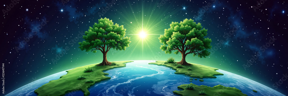 Fototapeta premium Two trees on glowing Earth under a starry sky 