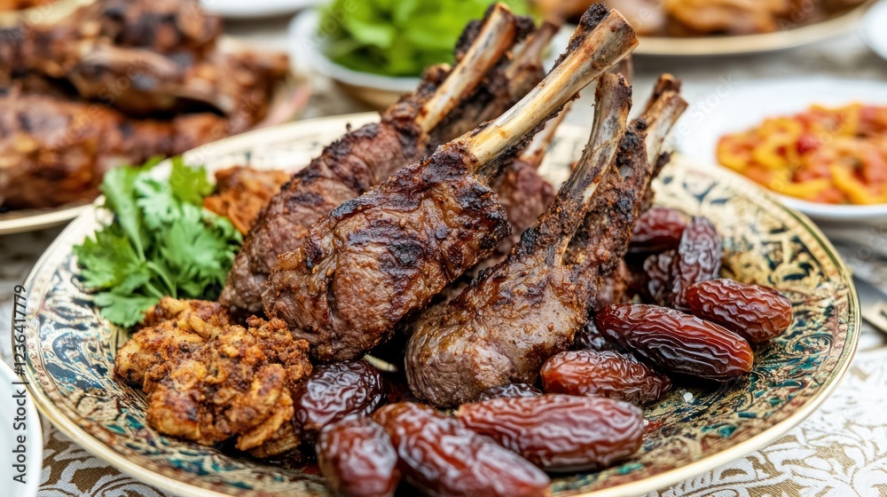 Grilled lamb chops, dates, festive meal, outdoor setting, Iftar Grilled lamb chops, dates, festive meal, outdoor setting, Iftar