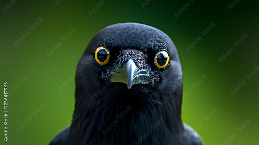 Fototapeta premium Black bird with striking yellow eyes stares directly at the camera against a soft green background.