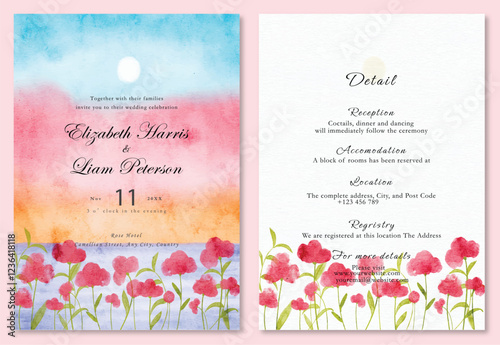 Set of wedding invitation with watercolor sunset sky and red flowers