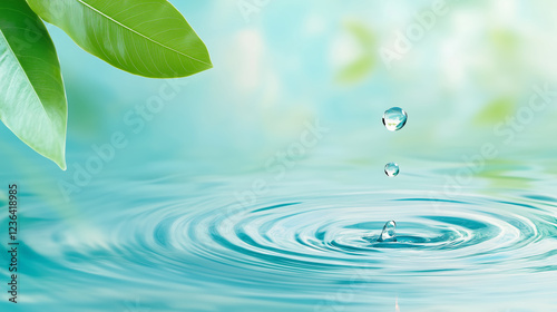 Water droplets fall softly onto a still surface, creating delicate ripples that spread outward. Vibrant green leaves frame the scene, enhancing the serene atmosphere