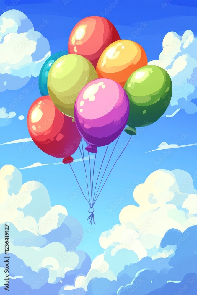 A colorful bunch of balloons floating in the blue sky, with clouds in the background. The colors include reds and pinks for the balloon and various shades of green yellow purple orange white blue. 