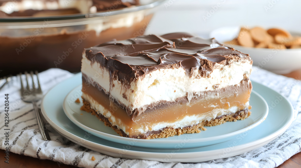 Chocolate and caramel layered dessert with a graham cracker crust for a rich and satisfying treat. Chocolate and caramel layered dessert with a graham cracker crust for a rich and satisfying treat.