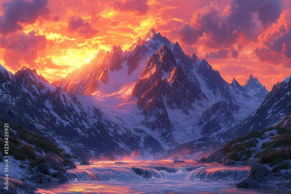 Obraz premium Fiery Sunset Over Snowcapped Mountain Range and River