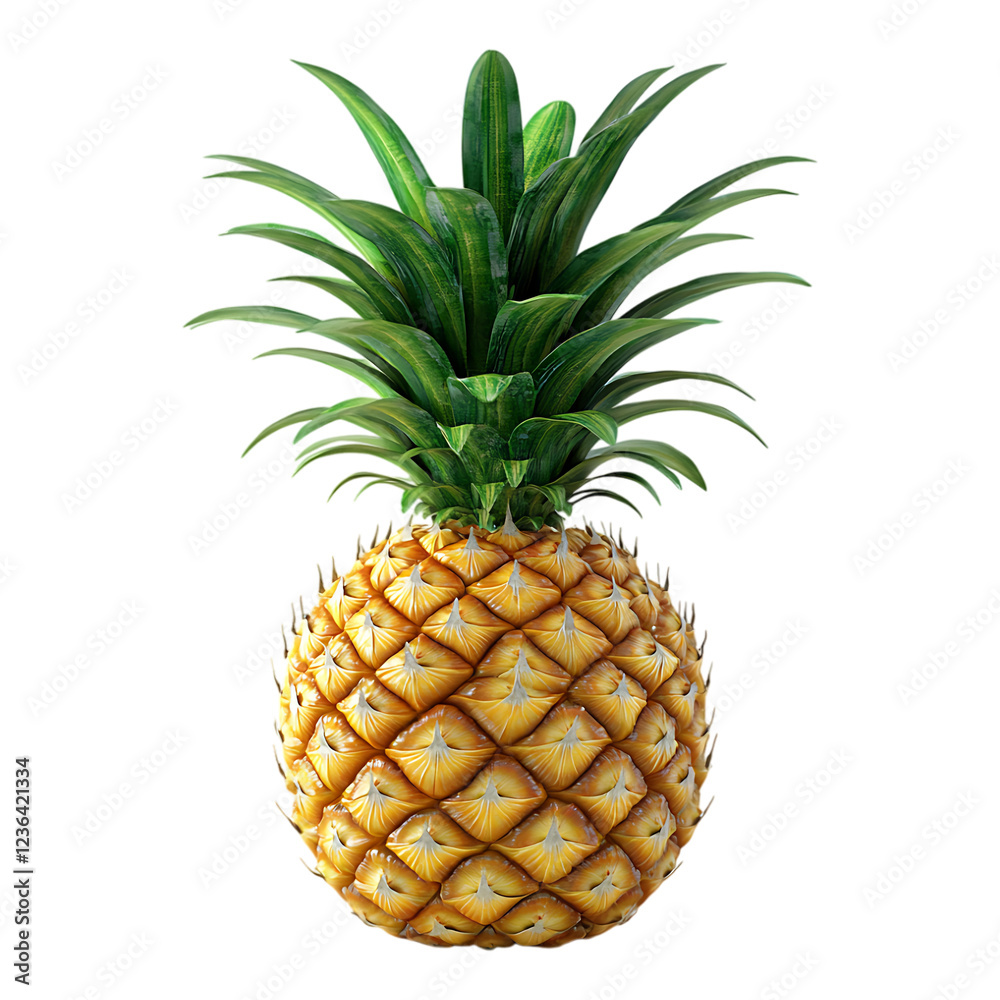 Fototapeta premium Ripe tropical pineapple standing upright with green foliage, perfect for healthy eating promotion or packaging design, isolated on a transparent