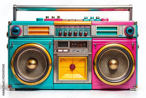 Retro Ghetto Blaster Boombox, Vintage Stereo, 80s Music Player, Isolated on White Background, Clipping Path