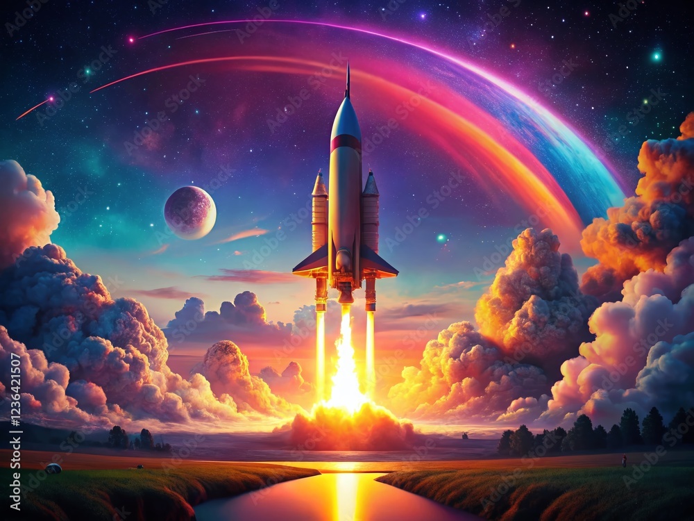 Fototapeta premium Retro Rocket Launch into Starry Sunset