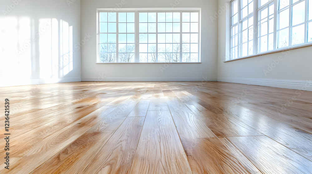 Fototapeta premium Sunny room, hardwood floor, large windows, empty space, home staging