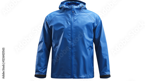 Blue rain jacket isolated on transparent background with zipper closed