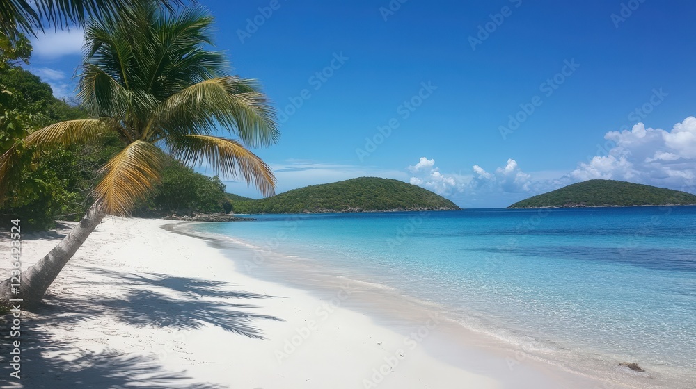 Obraz premium Tropical Island Beach with Palm Trees and Pristine Blue Waters
