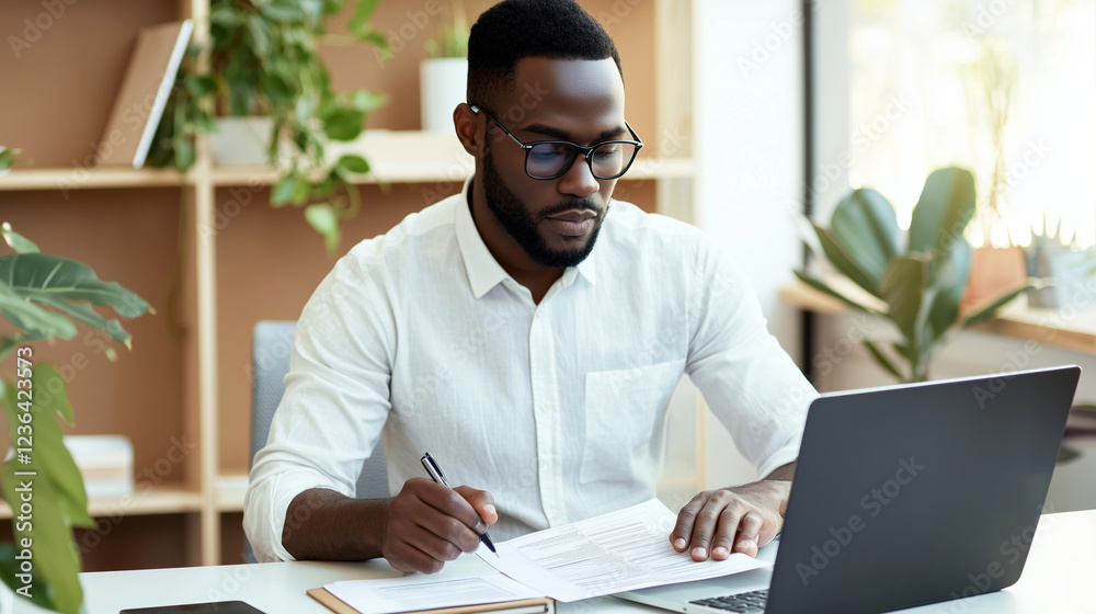 Obraz premium Thoughtful African American man at modern desk focused on report