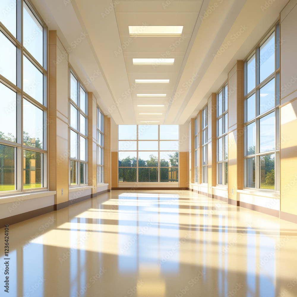 Fototapeta premium Bright and spacious modern hospital interior featuring large windows, natural light, and clean floor. design emphasizes openness and tranquility, ideal for healing environments