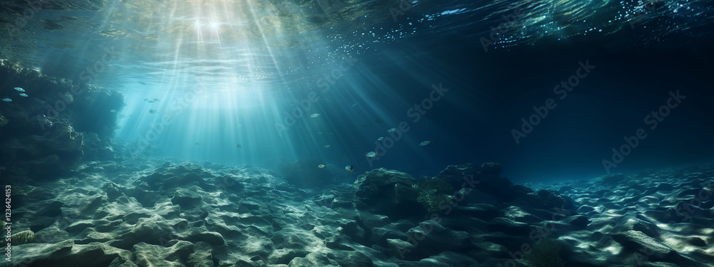 Underwater background, ocean or sea surface seen from under water. Rays of light, abstract marine backdrop. Nature landscape, beams blurred Underwater background, ocean or sea surface seen from under water. Rays of light, abstract marine backdrop. Nature landscape, beams blurred