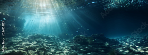 Underwater background, ocean or sea surface seen from under water. Rays of light, abstract marine backdrop. Nature landscape, beams blurred