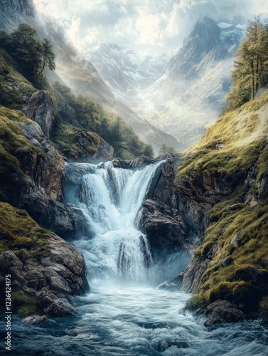 Waterfall in the mountains, beautiful natural scenery, fantasy landscape.