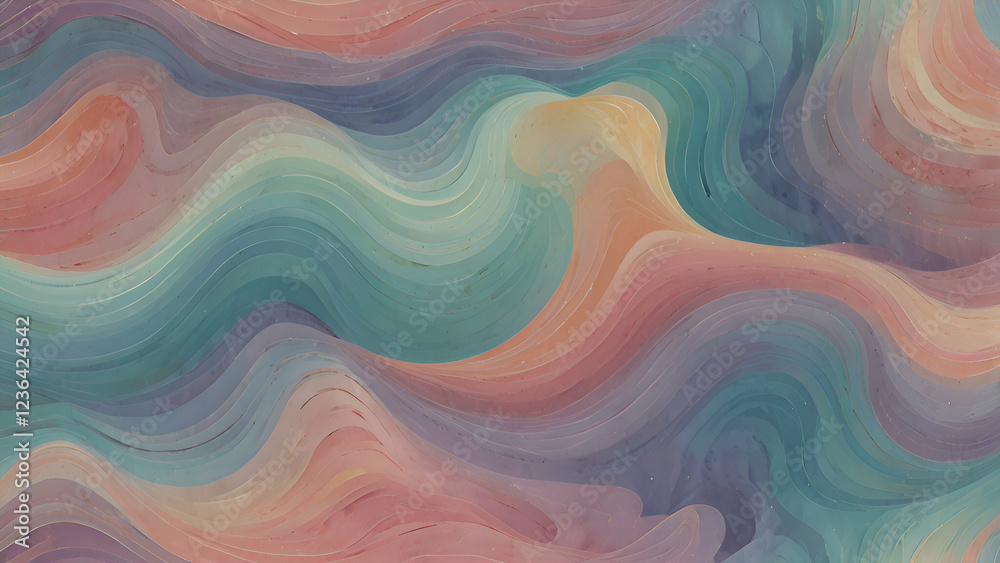 Obraz premium A flowing abstract wavy pattern, soft and fluid, with a grainy, textured overlay. Elegant pastel hues intertwining in a dreamlike dance.