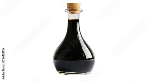 Glass bottle containing balsamic vinegar of modena with cork on transparent background