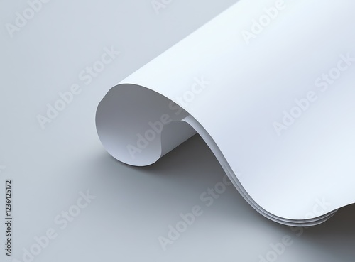 Close-up of a curled blank white paper sheet on a light gray background.