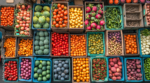 Wallpaper Mural Colorful assortment of fresh fruits and vegetables neatly arranged in wooden crates at a vibrant farmers market. Close-up Torontodigital.ca