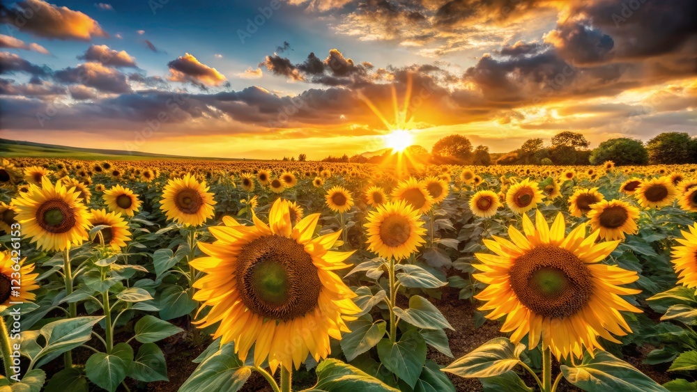 Fototapeta premium A breathtaking summer landscape: a wallpaper of sun-drenched sunflowers at golden hour.