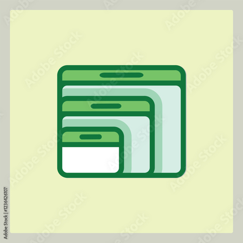 Abstract layered containers graphic design in varying sizes and shades of green on a light background