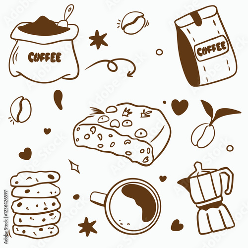 Vector doodle set for a coffee shop: cups, coffee beans, coffee pot, bag of coffee, bag of coffee, cookies with chocolate, ciabatta