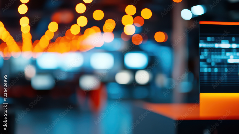 Fototapeta premium Bright radio studio with blurred lights and modern technology, creating vibrant atmosphere for broadcasting. warm orange tones enhance creative environment