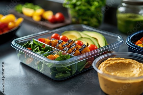 Healthy Meal Prep: Grilled Vegetables and Spinach Salad in a Clear Container photo