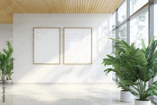 Two blank frames on a white wall in a sunlit room with plants.