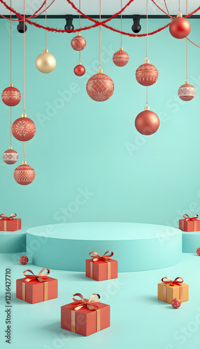 3d render. Abstract scene with Christmas ornaments and gift boxes, isolated on mint blue background. Showcase with empty podium for product presentation. Festive horizontal banner, magazine photosho photo