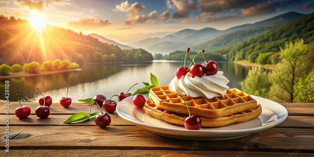 Fototapeta premium Scrumptious Waffles Adorned with Cherries and Whipped Cream
