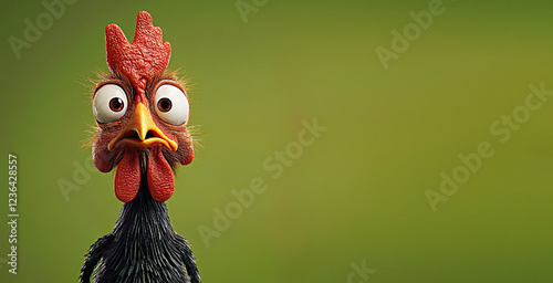 comic Funny rooster face with googly eyes on green background. Banner with copy space