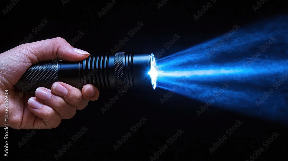 Hand holding flashlight beaming light in dark background, for safety or searching Hand holding flashlight beaming light in dark background, for safety or searching