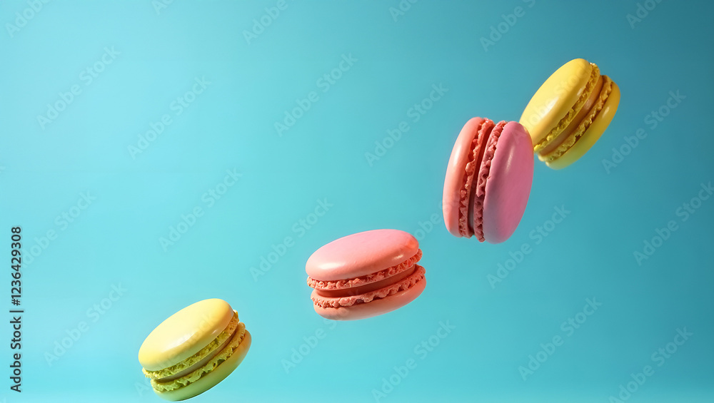 Obraz premium Colorful macaroons or macarons falling or flying over blue background. Cookies macaroons close-up. Selective focus, shallow depth of field, blurred background.