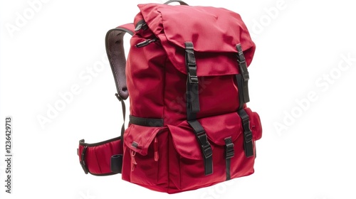 A robust red backpack designed for travel, outdoor activities or tactical use. It features waterproof storage compartments and adjustable straps.