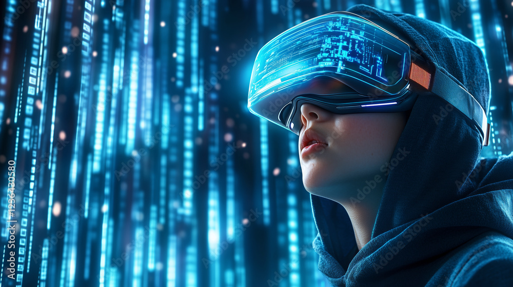 A person wears a sophisticated virtual reality headset in a cybernetic environment filled with vibrant blue data streams. This showcases the fusion of technology and human experience