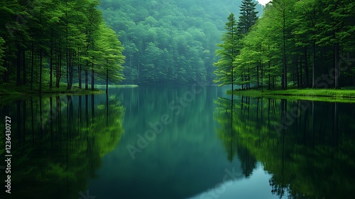 Serene lake reflecting lush green forest, misty morning.