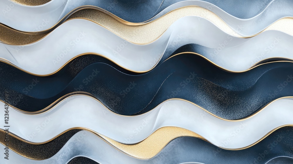 3D render of an abstract, wavy pattern with white, black, and gold colors on a blue background, a seamless wallpaper design 3D render of an abstract, wavy pattern with white, black, and gold colors on a blue background, a seamless wallpaper design