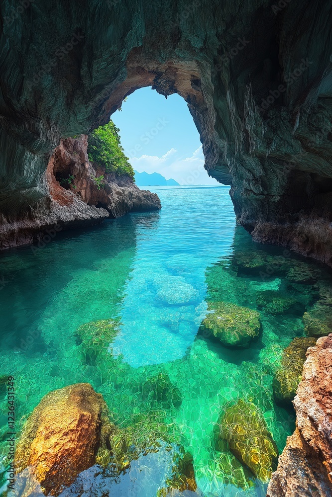 Fototapeta premium Exploring a stunning sea cave with crystal clear waters in a tropical paradise