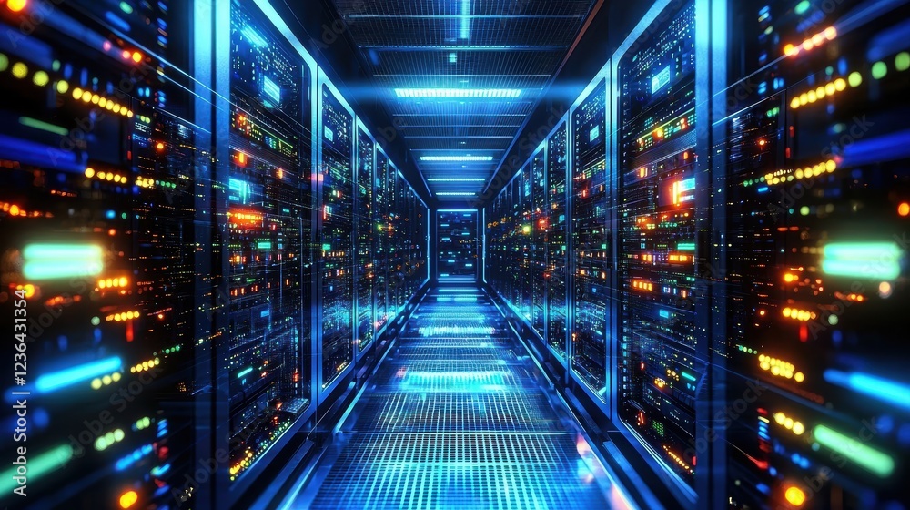 Detailed 3D illustration of a server room showcasing advanced telecommunication equipment. Detailed 3D illustration of a server room showcasing advanced telecommunication equipment.