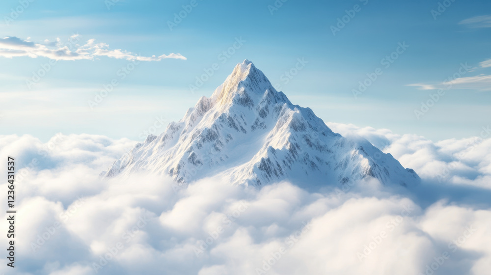 Naklejka premium Majestic snow capped mountain rises high above fluffy clouds, creating breathtaking view. serene atmosphere evokes sense of peace and wonder in nature beauty
