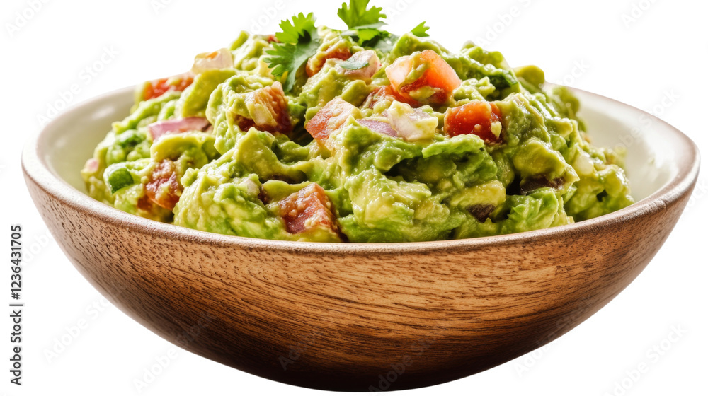 Wooden bowl overflowing with delicious homemade guacamole on transparent background Wooden bowl overflowing with delicious homemade guacamole on transparent background