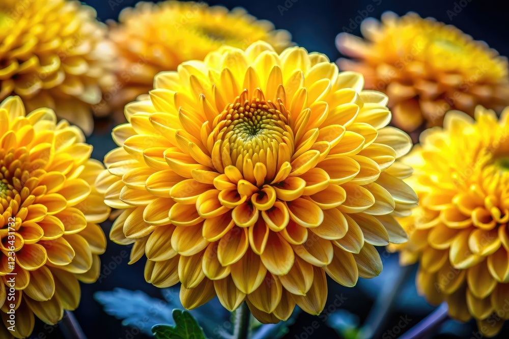A panoramic close-up reveals a stunning yellow chrysanthemum, its vibrant petals sharply contrasted against a deep black background. A panoramic close-up reveals a stunning yellow chrysanthemum, its vibrant petals sharply contrasted against a deep black background.