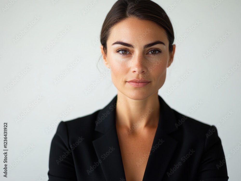 Closeup of woman in suit looking serious, wearing black blazer Closeup of woman in suit looking serious, wearing black blazer