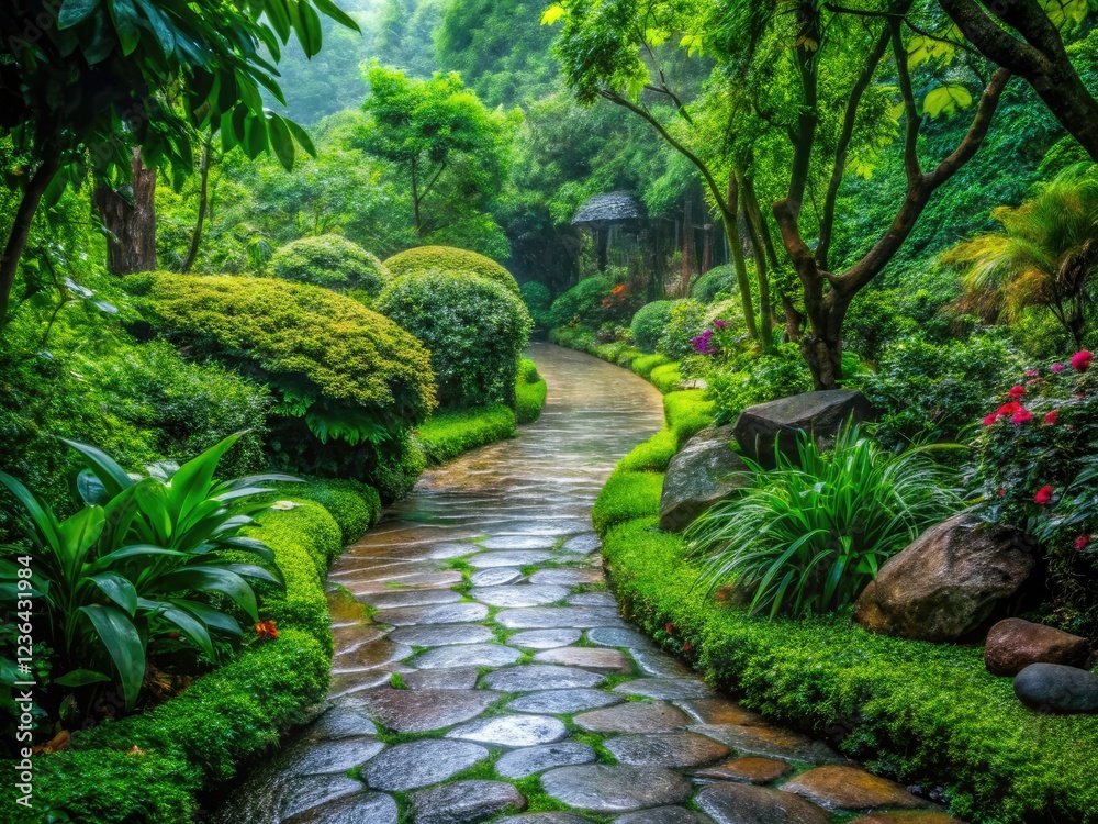 Obraz premium A rain-soaked stone path winds through a lush, green garden, a tranquil rainy day scene.