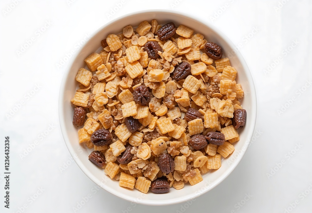 Close-up of a bowl filled with assorted cereal and nuts on a white background. Close-up of a bowl filled with assorted cereal and nuts on a white background.