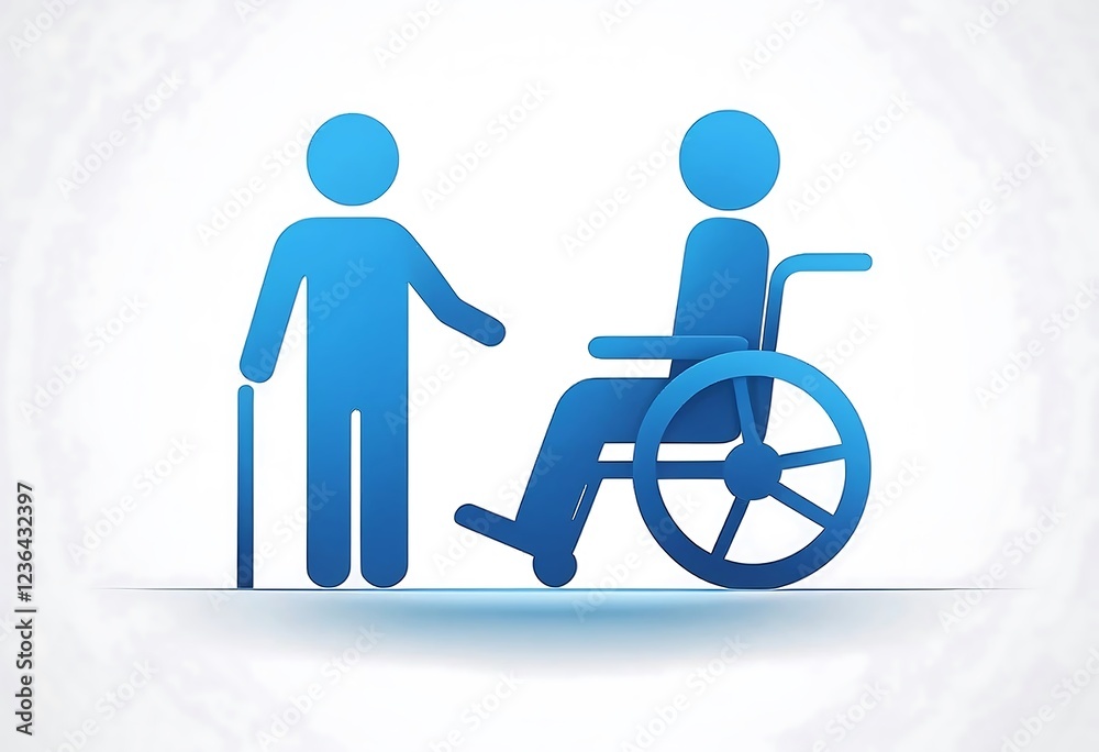 Blue icons depicting a person with a cane and another in a wheelchair on a white background. Accessibility concept Blue icons depicting a person with a cane and another in a wheelchair on a white background. Accessibility concept