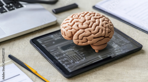 3D model of human brain is placed on tablet displaying digital circuit design, symbolizing intersection of technology and neuroscience